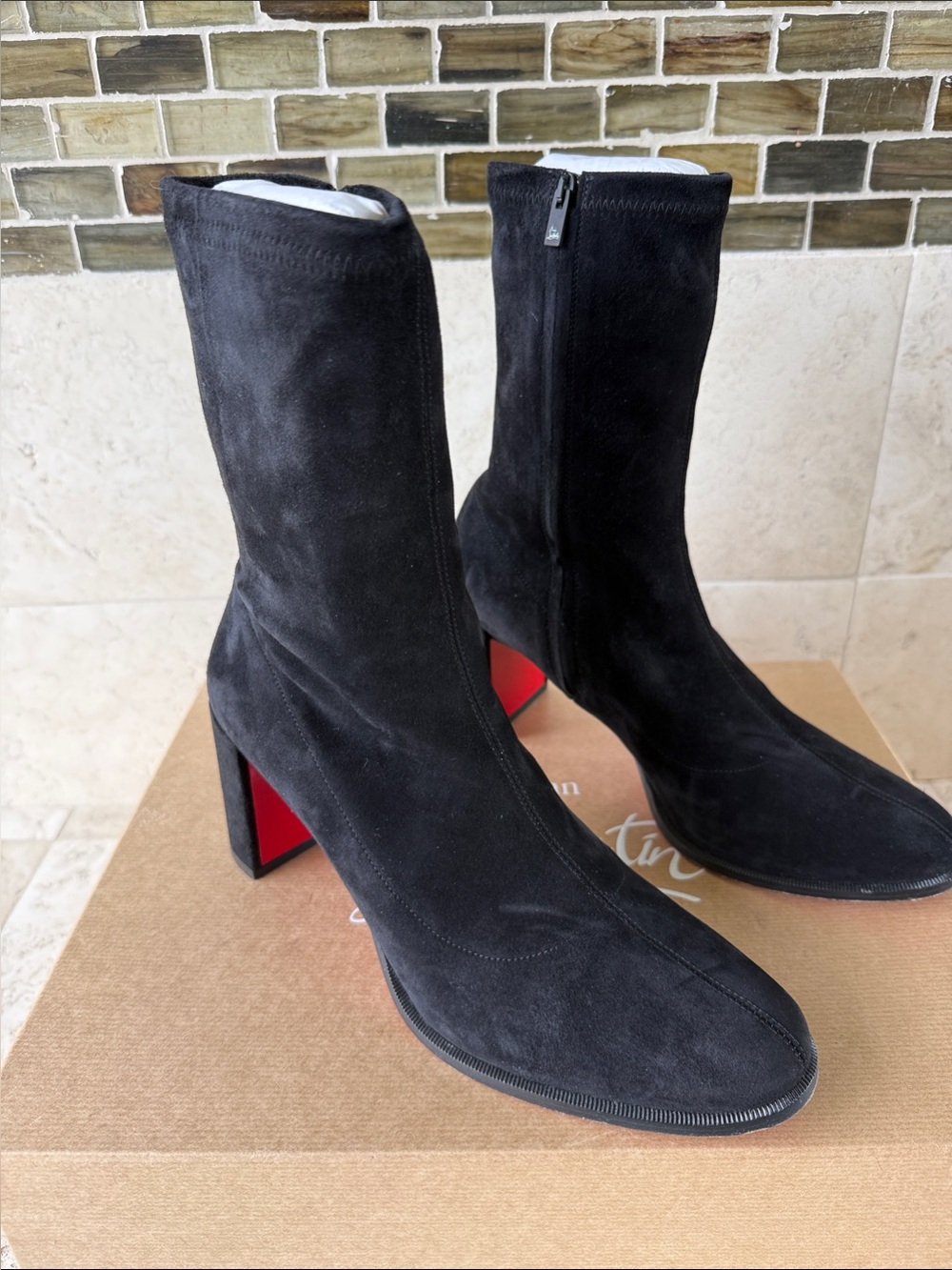 Christian Louboutin Black Suede Ankle Boots with Red Block Heel